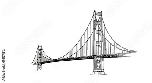 Hand-drawn sketch of a suspension bridge, iconic engineering landmark, isolated on white background.