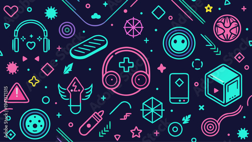 Neon line art icons for technology and wellness design