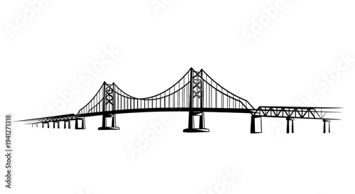 Hand-drawn Sketch of a Suspension Bridge with Towers and Cables