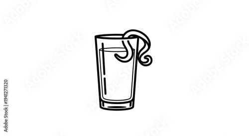 Hand-drawn sketch of a tall glass of clear liquid with a curly garnish on a white background