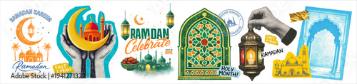 Ramadan Kareem sticker collection with crescent moon, mosque, lantern, prayer mat and islamic ornaments. Festive vector elements for Ramadan celebration, greeting cards, posters and social media desig
