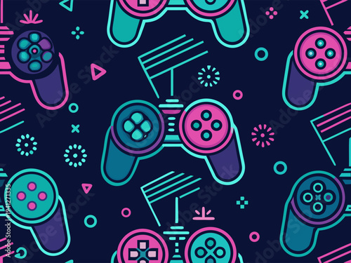 Colorful video game controllers in vector graphic design
