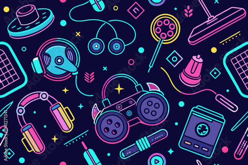Vector graphic design with gaming elements and headphones