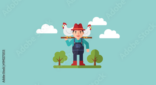 Happy Farmer Carrying Chickens on Shoulders in Rural Landscape with Trees and Clouds