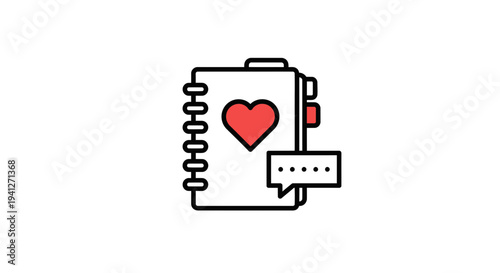 Heart icon on notebook page with speech bubble, love message concept