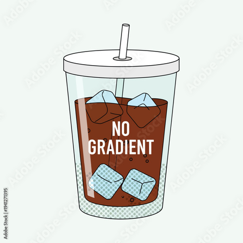 A cartoon depiction of a clear beverage cup filled with a brown liquid, ice cubes, and a straw. The words "NO GRADIENT" are centered