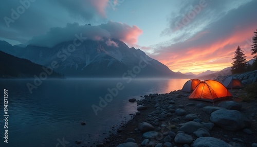 Camping tents glow warm near calm lake at dusk. Majestic mountains shrouded in clouds contrast with vibrant sunset sky. Peaceful wilderness scene offers serene escape and adventure.