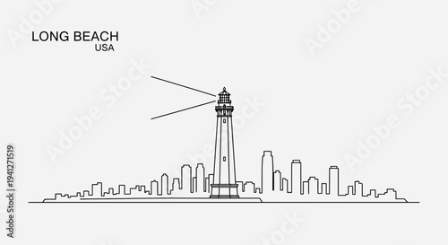 Long Beach Skyline with Lighthouse, California - Minimalist Line Art