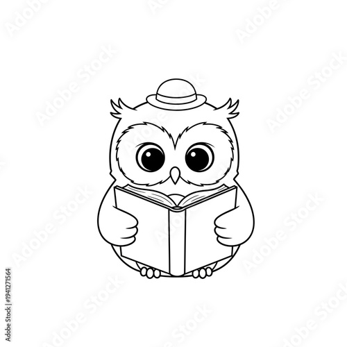 Cute cartoon owl reading a book and wearing a hat