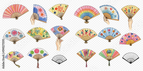 Set of colorful hand fans with various patterns and designs, traditional accessories for cooling and decoration.