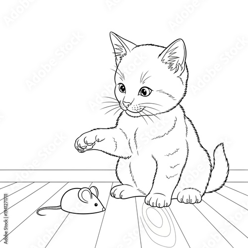 Curious kitten playing with toy mouse on wooden floor