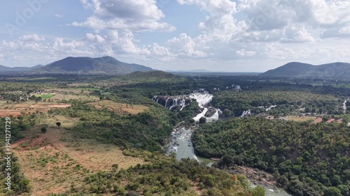 Aerial View of Barachukki Falls Cascading on Cauvery River Karnataka India