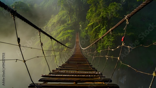 A rickety suspension bridge stretches through a misty forest landscape