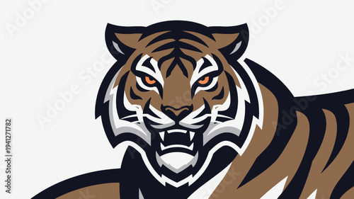 Vector tiger head illustration, angry expression, brown and black stripes