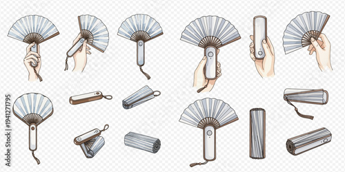 Set of portable folding fans and hands holding them, vector illustration in watercolor style.