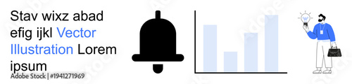 Notifications, business productivity, innovation, data analysis, brainstorming, communication. A notification bell, bar graph and businessman with a lightbulb. Notifications and business