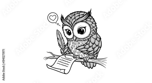 Cute Owl Writing Love Letter on Branch, Feather Pen, Heart Bubble, Black and White Doodle Art