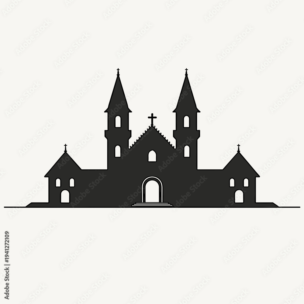 Obraz premium Silhouette of classic gothic church with twin spires and arched entrance. Represents themes of spirituality, architecture, and cultural heritage.