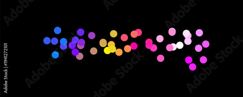 Colourful vector graphic illustration of dots in gradient colours arranged in a scattered pattern on a black background, showcasing a vibrant and dynamic design element.