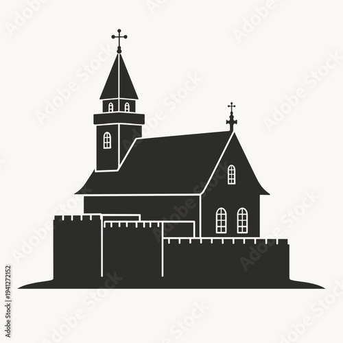 Black silhouette of a church with steeple and stone wall surrounding it. Concept of history, architecture, and spirituality. Useful for articles on cultural heritage and religious architecture.