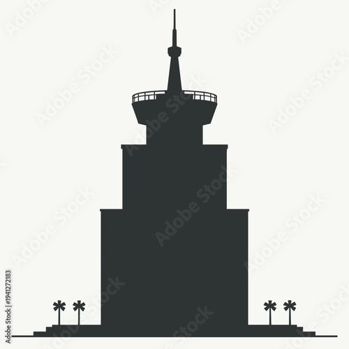 Silhouette of a tall tower with observation deck surrounded by palm trees. Concept of urban architecture and tourism. Useful for articles on city landscapes and travel experiences.