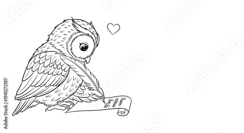 Cute Owl Writing Love Letter with Quill Pen and Heart Symbol