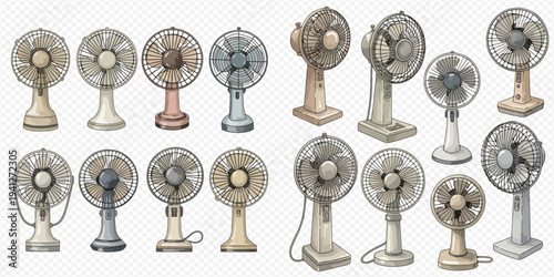 Collection of vintage electric fans, various retro designs for cooling and ventilation.