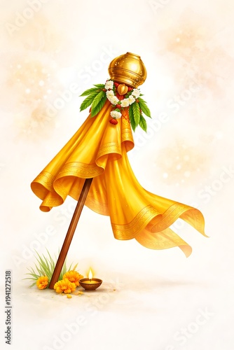 Elegant Indian New Year festival artwork depicting sacred Gudi Padwa pole with silk cloth and golden kalash pot surrounded by flowers and lamp representing prosperity
