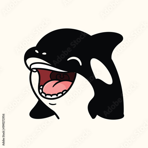 A cartoon depiction of a marine mammal with a black and white body. The animal is smiling wide and showing its pink tongue