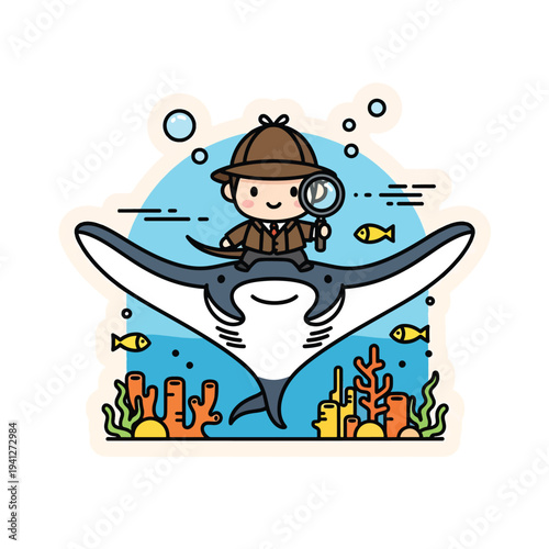 A cartoon detective with a magnifying glass, rides on a giant manta ray. Underwater scene with bubbles, fish, and coral reef