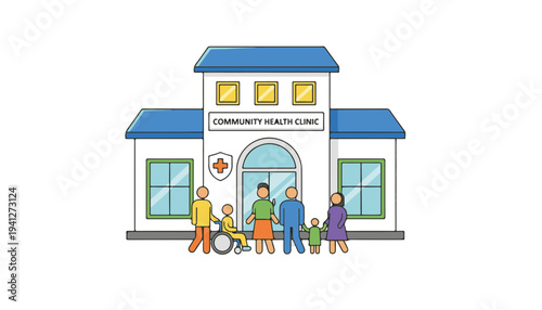 Vector community health clinic welcoming diverse patients for accessible medical support during National Public Health Week