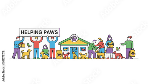 Vector community supporting animal rescue center with volunteers and pets for World Animal Day and International Homeless Animals Day
