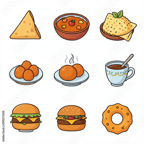 Indian Food Icon Set - 9 Flat Vector Icons Pack (Samosa, Butter Chicken, Biryani, Masala Dosa, Gulab Jamun, Chai, Vada Pav, Paneer Tikka, Jalebi)