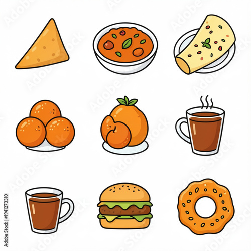 Indian Food Icon Set - 9 Flat Vector Icons Pack (Samosa, Butter Chicken, Biryani, Masala Dosa, Gulab Jamun, Chai, Vada Pav, Paneer Tikka, Jalebi)