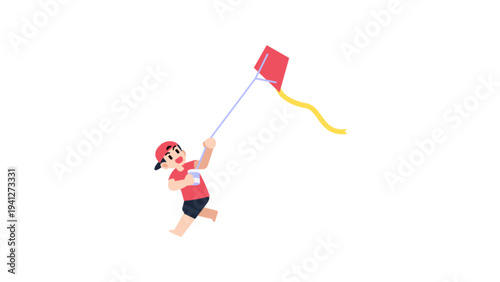 Little Boy Playing and Flying a Red Kite