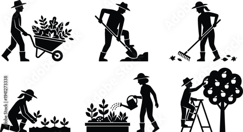Gardening activity silhouette set, farmers planting, digging soil, raking leaves, watering plants and harvesting apples in sustainable agriculture workflow illustration