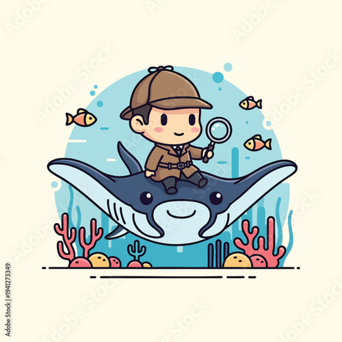A cartoon detective with magnifying glass is riding a manta ray over a coral reef with fish. The scene is in a circular bubble shape