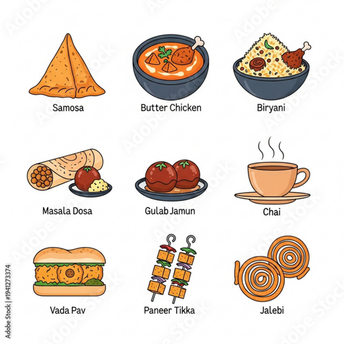 Indian Food Icon Set - 9 Flat Vector Icons Pack (Samosa, Butter Chicken, Biryani, Masala Dosa, Gulab Jamun, Chai, Vada Pav, Paneer Tikka, Jalebi)