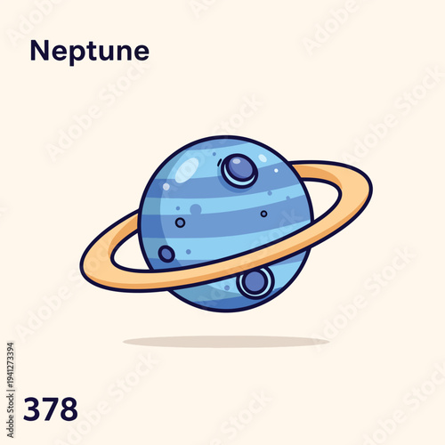 A cartoon depiction of a blue planet with rings, reminiscent of a planet in space. The planet has stripes and a ring around it