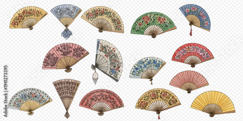 Collection of vintage hand fans with intricate patterns and vibrant colors, traditional accessories.