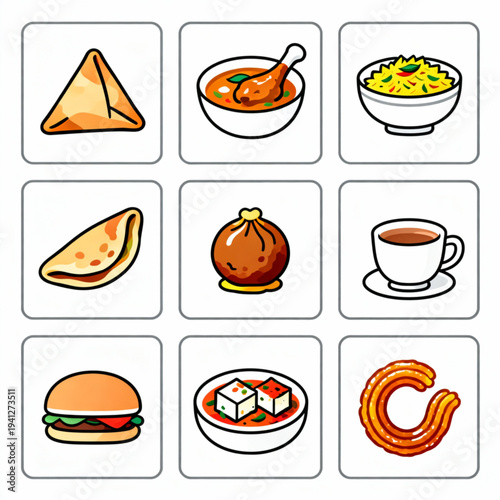 Indian Food Icon Set - 9 Flat Vector Icons Pack (Samosa, Butter Chicken, Biryani, Masala Dosa, Gulab Jamun, Chai, Vada Pav, Paneer Tikka, Jalebi)