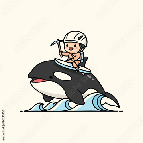 A cartoon depiction shows a person with a helmet riding a killer whale, surfing on waves. The rider holds a pickaxe