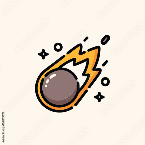 A cartoon depiction of a meteor or comet streaking across the sky. It has a central gray sphere with yellow flames and black accents