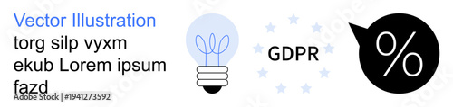 Data privacy, compliance, digital security, innovation, technology, regulation. Light bulb with stars, GDPR text and percent icon. Data privacy and compliance concept