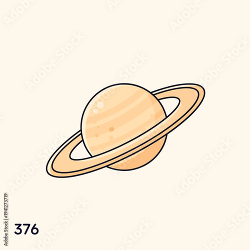 A cartoon depiction of a ringed planet with a light orange color and a black outline. The background is a soft beige