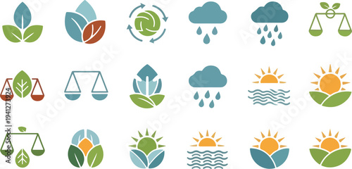 Set of 20 eco icons vector, green, blue, orange, ecology, sustainability