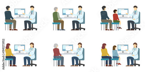 フラットイラスト：問診する医者と患者セット