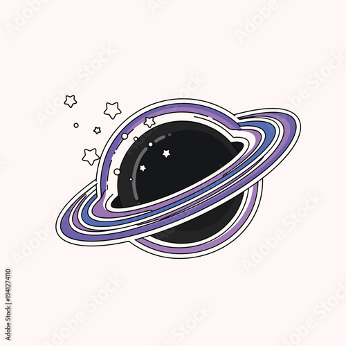 A cartoon depiction of a ringed planet, with a deep black sphere and multi-colored rings in purple and blue, surrounded by stars
