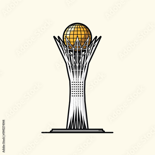 A cartoon depiction of a tall, modern structure with a spherical golden element atop it. The structure is supported by slender, white pillars