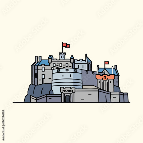 A cartoon depiction of a castle, with grey stone walls, blue roofs, flags, set on a rock foundation.  The sky is a creamy beige